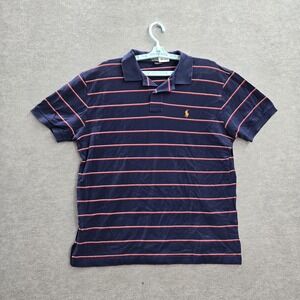 VINTAGE Polo By Ralph Lauren Men L Blue Striped Pima Cotton Logo Short Sleeve
